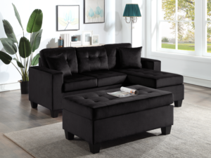 Naomi Black Velvet - Reversible Sectional & Ottoman Set